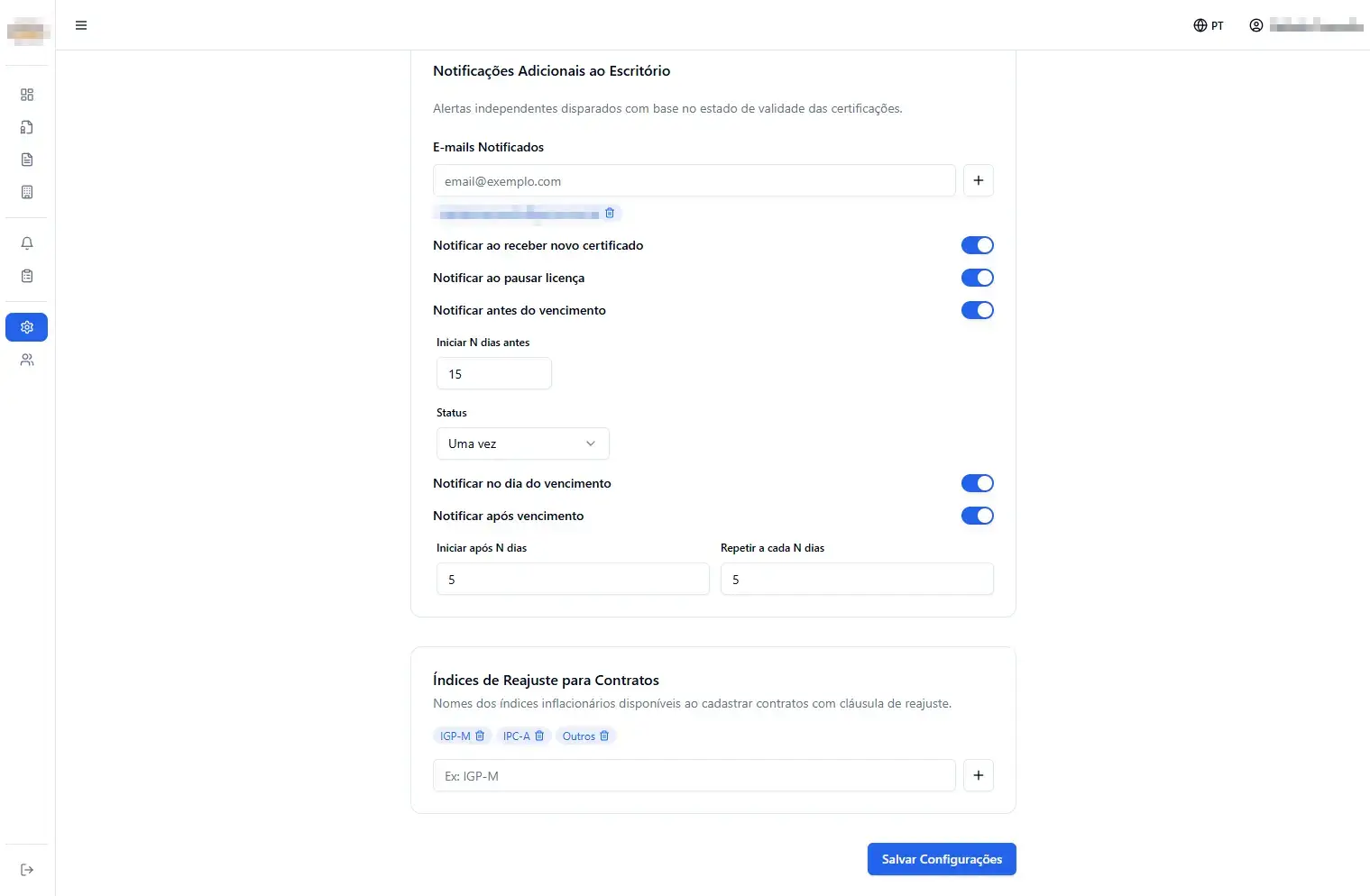 Configurações de notificação